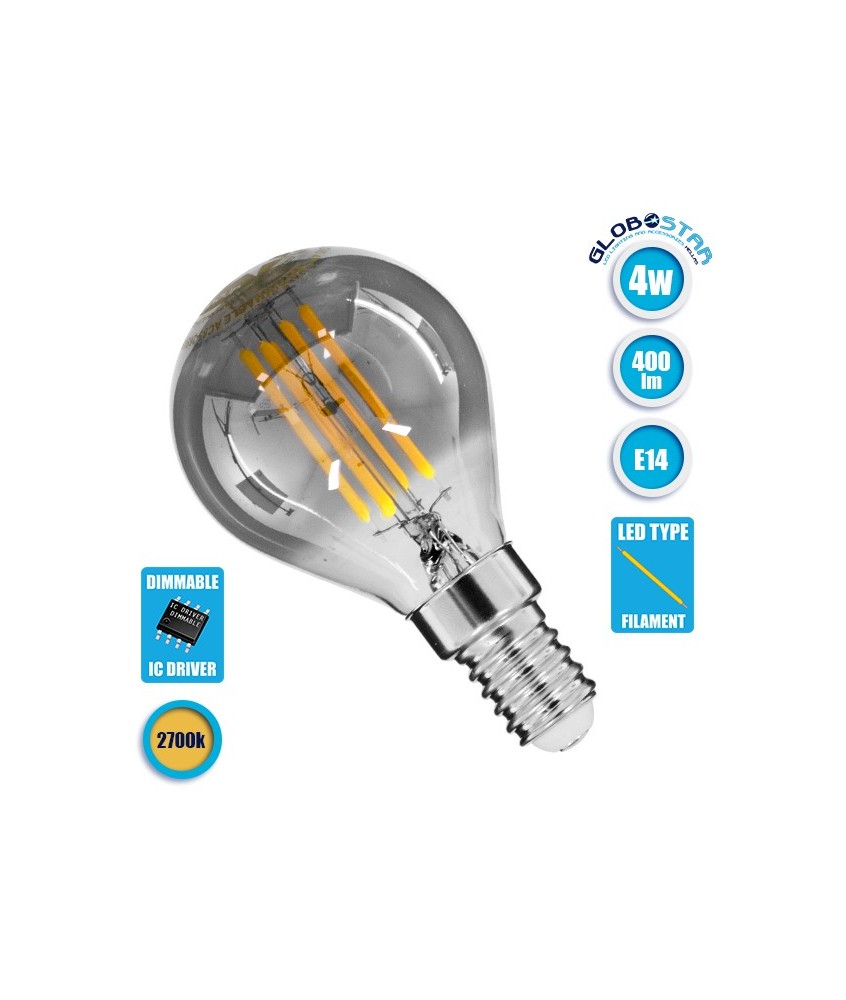 GLOBOSTAR® SPHERE 99063 Λάμπα E14 G45 LED 4W 400lm 360° AC 220-240V IP20 Θερμό Λευκό 2700K Dimmable - Filament Chip - Μαύρο Φιμέ - Μ4.5 x Π4.5 x Υ8.1cm - 3 Χρόνια Εγγύηση